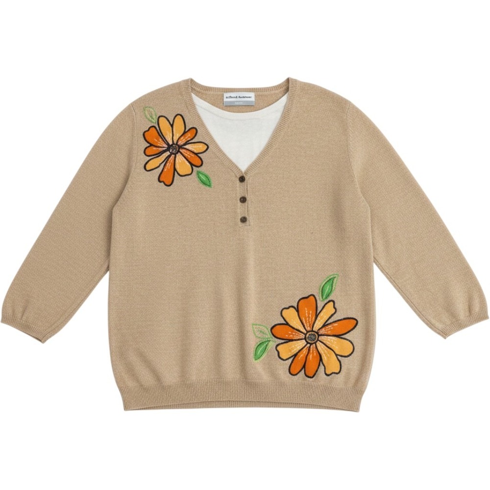 Alfred Dunner‎ Sweater Women Petite Tan Orange Floral Embroidered Layered Look